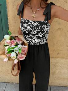 SHEIN Frenchy 女士印花褶皱休闲连体裤，适合度假和日常穿着 - 黑色 - 查看 6