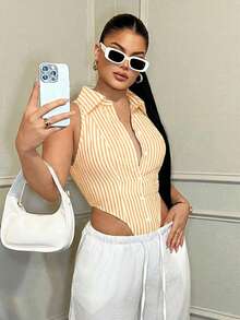 SHEIN SXY Women's Summer Linen Striped Bodysuit, Casual Minimalist Versatile Top, Suitable For Daily Wear, Office, Commute - Yellow - View 3