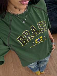 Coolane Áo thun nữ tay ngắn màu đen in chữ, phối màu, phong cách đường phố Y2K cá tính. - Màu xanh lá cây đậm - Xem 6