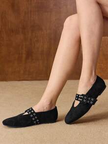 MOTF PREMIUM WOMEN GROMMET EYELET FLATS SPRING SHOES - Black - View 5