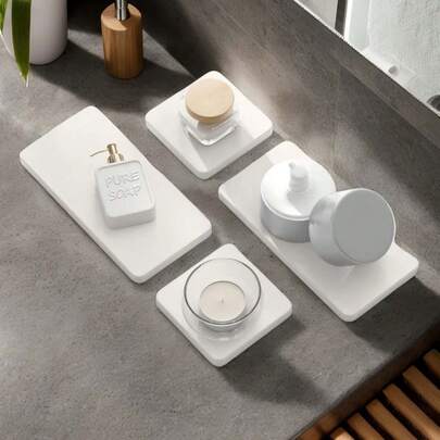 Bộ 4 khay hứng nước bằng đá cho bồn rửa mặt phòng tắm, khay đựng xà phòng nhà bếp bằng đá diatomite, đế lót ly bằng đá, đồ trang trí và sắp xếp phòng tắm, đồ gốm tự nhiên hút ẩm, đồ dùng trên mặt bàn.