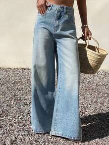 DAZY 女士常规腰围渐变水钻设计宽松直筒牛仔裤，休闲优雅 - 淺色水洗藍 - 查看 5