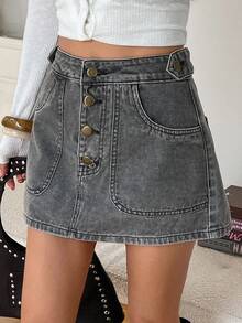 DAZY Chân váy denim ngắn dáng chữ A cạp thường dành cho nữ, phong cách đường phố thanh lịch và thường ngày. - Xám - Xem 4