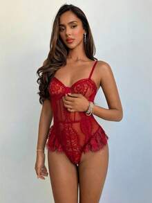 Aloruh Elegant French Lace Eyelash Cutout Waist Slimming Sexy Bodysuit For Women, Red Lingerie Lace Teddy Burgundy Lingerie, Going Out - Burgundy - View 5