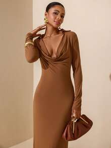 Vesra Women's Elegant Sexy Draped Neck Long Sleeve Fitted Dress - Brown - View 1