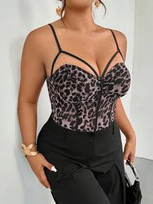 Firerie Plus Size Adjustable Fishbone Cup Leopard Print Bodysuit, Elegant - Multicolor - View 5