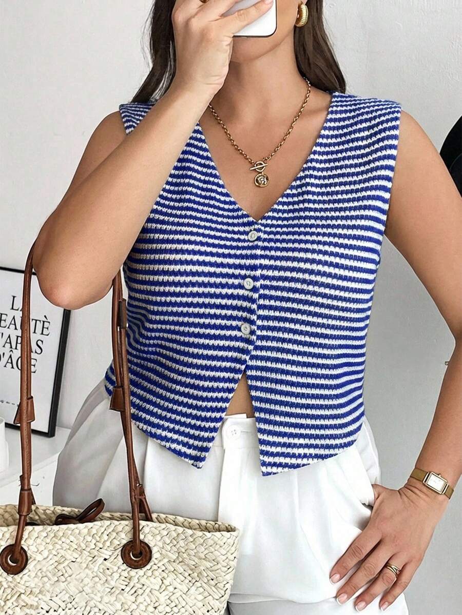 SHEIN Frenchy 大码极简条纹前扣V领无袖背心 - 藍色 - 查看 1