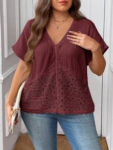 SHEIN Frenchy Camisa de talla grande de verano, de unicolor, con parches de encaje - Burdeos - Ver 4
