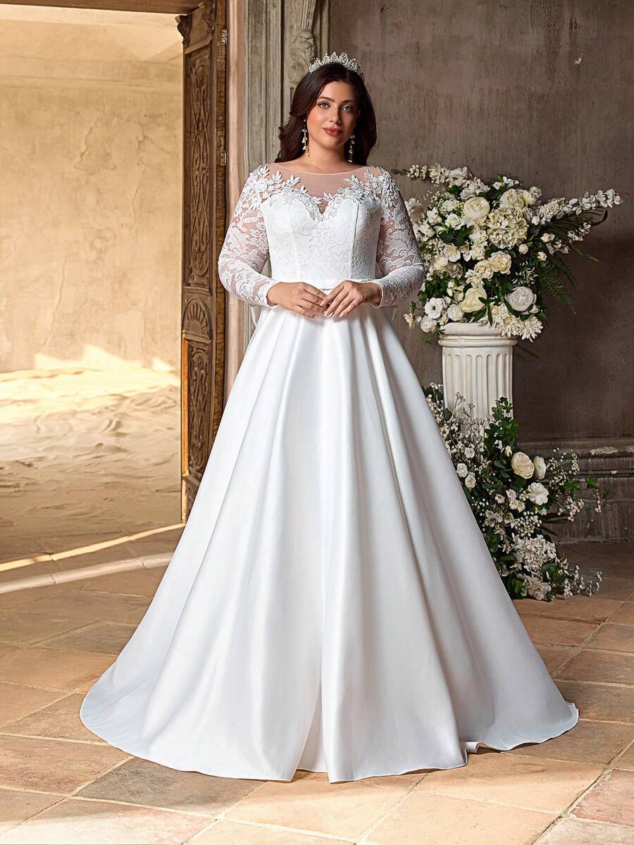 Aureia 大码优雅浪漫蕾丝点缀花卉薄纱长袖高领3D刺绣修身高腰超宽A字裙摆可拆卸夸张蝴蝶结新娘婚纱