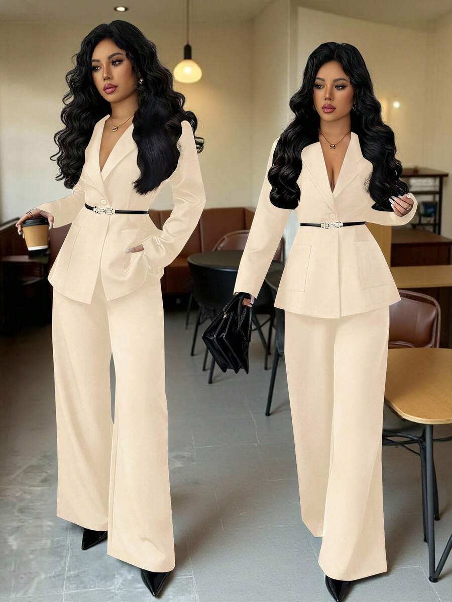 Rafferiza Bộ vest nữ màu trơn gồm áo blazer và quần tây, trang phục công sở trang trọng. - Màu be - Xem 1