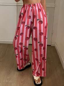 DAZY 红色条纹苹果印花宽松女士睡裤 - 紅色 - 查看 7
