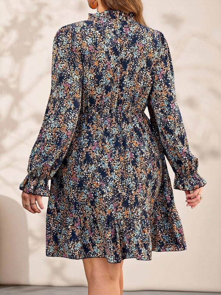 Plus Size Women's Early Spring Casual Vacation Long Sleeve Ditsy Floral Mini Dress, Early Spring/Valentine's Day, Spring Break Outfits ,Valentine Outfits For Women ,Vacation Outfits Women ,Holiday Outfits For Women,Spring Dress Women,Going Out Outfits,2026 New Clothes,Simple And Fashionable For Everyday Wear,Casual Elegant Valentine's Day Party Everyday, Long Sleeve Floral Dress, Boho Dress Women, Ditsy Floral Dress,Flower/Summer