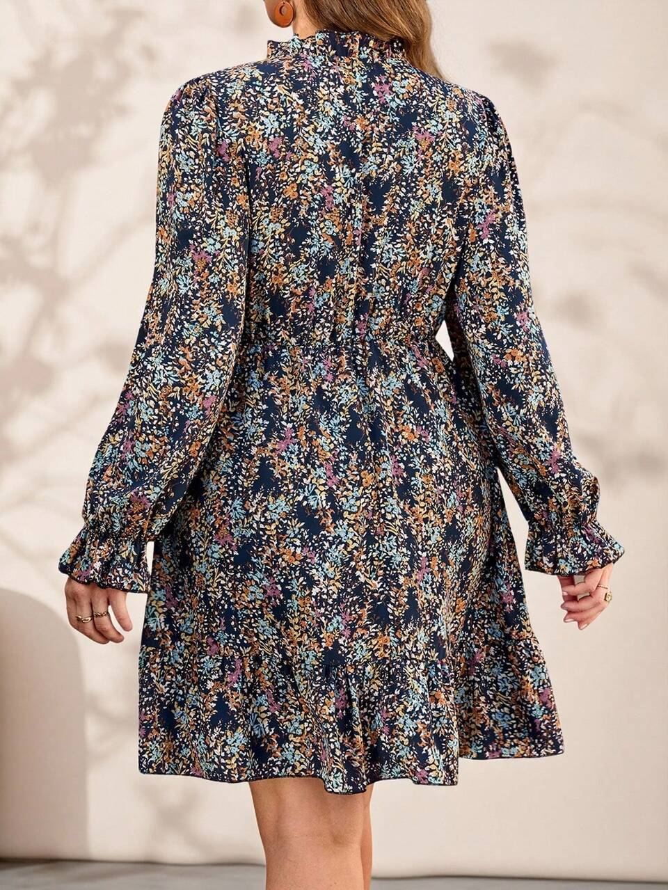 Plus Size Women's Navy Blue Boho Ditsy Floral Mini Dress,Long Sleeve Elegant Casual Autumn Vacation Holiday Outfits,Early Spring Valentine's Day Party