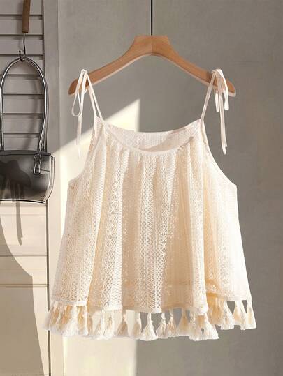 Sweetra Plus Size Women Solid Color Hollow Out Fringe Loose Comfortable Casual Camisole