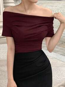 DAZY Women's Solid Color Off-Shoulder Pleated Fitted Short Sleeve T-Shirt, Spring/Summer - Burgundy - View 5