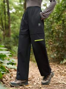 SHEIN In My Nature Women's Letter Print Straight Loose Woven Fabric Hiking Pants - Black - View 1