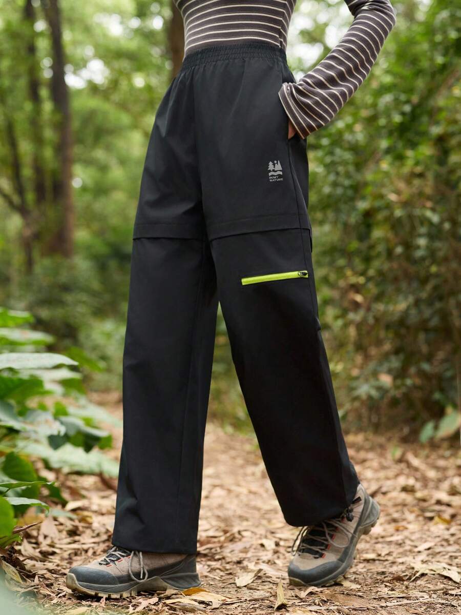 SHEIN In My Nature Women's Letter Print Straight Loose Woven Fabric Hiking Pants - Black - View 1