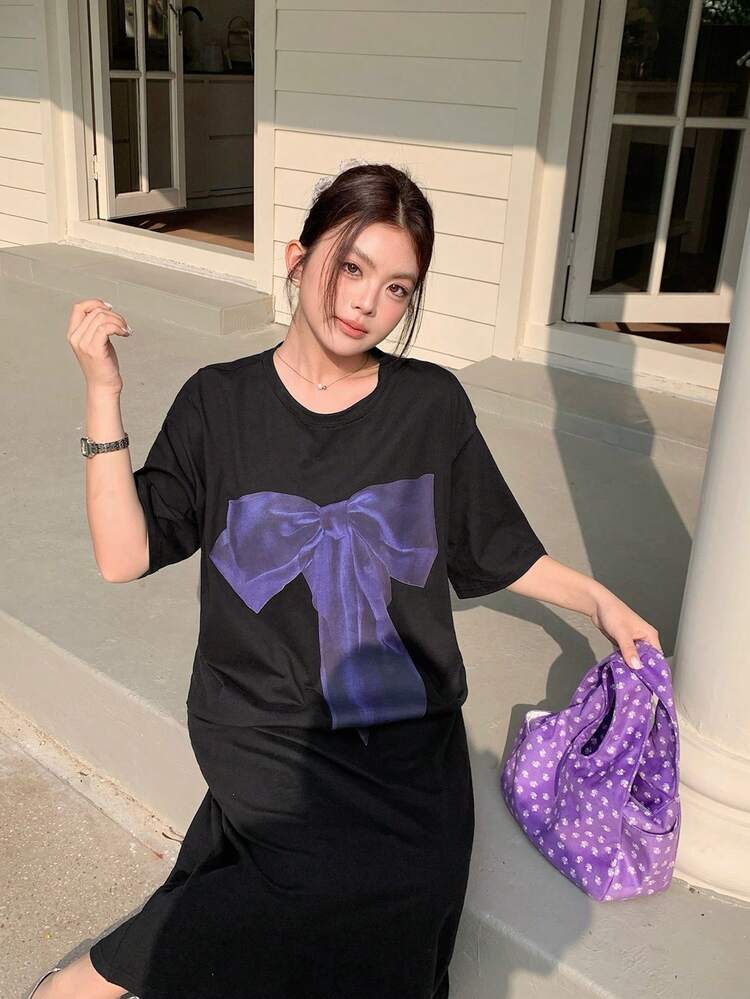Dazy Plus Bowknot & Floral Print Round Neck Short Sleeve T-Shirt Style Casual Long Knit Dress For Girls, Spring/Summer Sundress