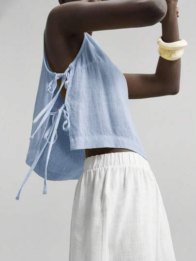 Ontre 2026SS Festival de Música, Concierto, Festival de Música Country, Atuendo de Actuación Musical para Mujer, Nuevo Lanzamiento 2025, Cómoda Blusa de Lino Casual con Diseño de Lazo Lateral, Cuello Redondo sin Mangas, Uso Diario Primavera/Verano, Estilo Bohemio para Playa/Vacaciones, Vibra Occidental de Festival de Música Campestre, Tela Premium Cómoda