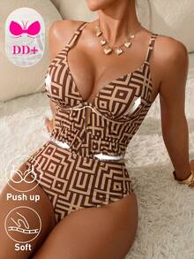 Swim DD+ 1pc Women's DD+ Cup Sexy Gathered Underwire Waist Drawstring Slimming Printed One-Piece Swimsuit, Spring/Summer - Multicolor - View 3