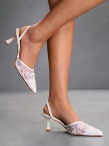 CUCCOO SZL Pointed Toe Mesh Embroidered Women's High Heel Pumps, Wedding Party Bridal High Heels, Elegant Platform Sandals - White - View 5