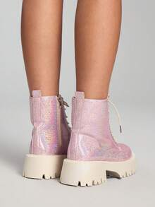 ROMWE Kawaii Europäischer minimalistisch-eleganter Stiefelette mit dickem Absatz, funkelnde rosa Motorradstiefelette für Herbst/Winter, Damenstiefel - Pink - Übersicht 5