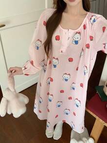 DAZY 可爱条纹卡通熊印花褶皱灯笼袖宽松长款女士睡裙 - 粉色 - 查看 5