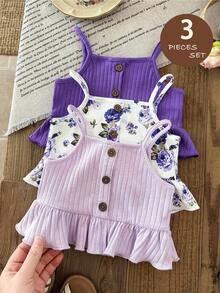 LMoss Kids 3pcs Baby Girl Knitted Solid & Ditsy Floral Camisole Top Set - Multicolor - View 4