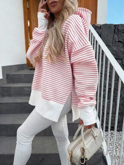 EMERY ROSE Classic And Elegant Pink Striped Print Hooded Loose Women's Sweatshirt, Color Clashing, Hem Slit Design, Cuffs With Finger Holes Design, Suitable For Fall And Winter, Women's Gift, Holiday, Fashion T-Shirt, Aesthetic, Sibling Gift, Sister Gift, Fun, Casual Minimalist Fashion
