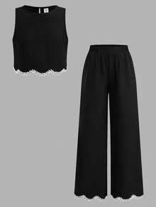 SHEIN Tween Girls Casual Commuter Black Round Neck Hem Tape Trim Tank Top And Leggings Set - Black - View 6