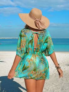 Swim Vcay Women's Leopard & Chain Print V-Neck Cinched Waist Swimsuit Cover Up, Fashionable For Holiday Beach - Multicolor - View 2