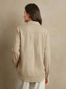 Anewsta Camisa de lino bordada en caqui con strass dorados para mujer, blusa elegante de manga larga para primavera/verano, vacaciones - Caqui - Ver 4