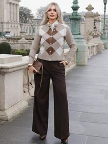 Elenary Edit Women's Casual Collegiate Style Patchwork Argyle Pattern Long Sleeve Button-Up Cardigan Sweater, Autumn - Multicolor - View 6