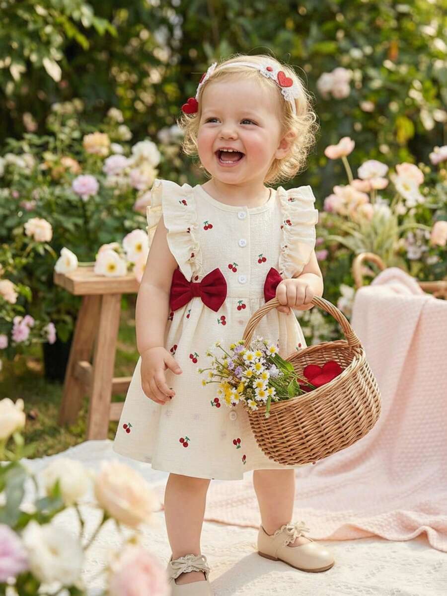 Souflis Souflis 1 pieza Vestido casual de niña pequeña con cuello redondo, sin mangas, con botones, estampado de frutas y volantes en el bajo, color albaricoque, adecuado para salidas de verano, viajes y fotografía - Albaricoque - Ver 1