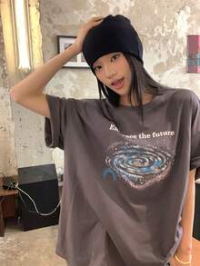 DAZY 女士极简印花圆领短袖T恤 - 灰色 - 查看 4