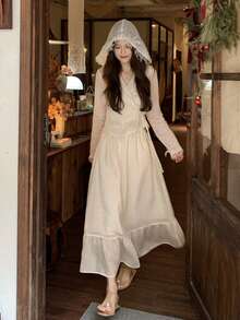 DAZY 女士法式蕾丝边饰薄纱雪纺上衣和半裙两件套 - 杏色 - 查看 4