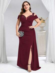 Coutiva 大码优雅亮片装饰高开衩正式晚礼服 - 酒紅色 - 查看 5