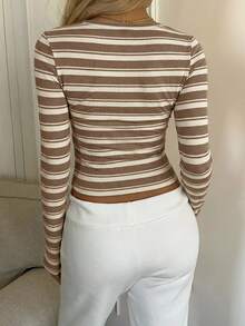 CovetEZ 女士春夏卡其条纹休闲甜美家居服可爱舒适圆领长袖短腰修身基本款条纹长袖舒适T恤，春季，女士春季服装 - 卡其色 - 查看 2