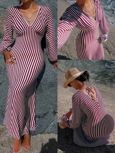 Livesso Spring & Summer Red Striped Color Block V-Neck Long Sleeve Midi Dress, Elegant For Party, Wedding, Music Festival, Beach, Commute