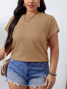 SHEIN LUNE 大码女式夏季休闲日常通勤简约百搭纯色纹理面料蝙蝠袖短袖上衣 - 卡其色 - 查看 3