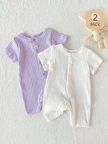 SHEIN Playful Pals 2件組新生女嬰連身褲可愛螺紋短袖連身衣白色夏季休閒套裝純棉吸濕透氣親子款 - 彩色 - 查看 6