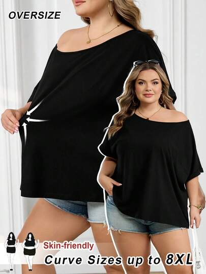 SHEIN CURVE+ Plus Size Women Casual Loose Oblique Shoulder Black T-Shirt, Black Asymmetric-Shoulder Top