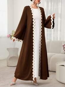 Al Najma Women's Brown Woven Long Sleeve Splice Apricot Ribbon Conservative Arabic Abaya, Spring/Summer - Brown - View 5