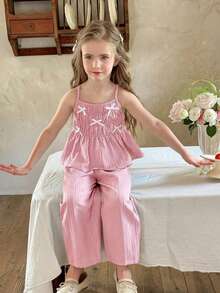 LMoss Kids 2 piezas Conjunto de top de tirantes de unicolor tejido y pantalones casuales holgados para niña joven - Rosa Pálido - Ver 6