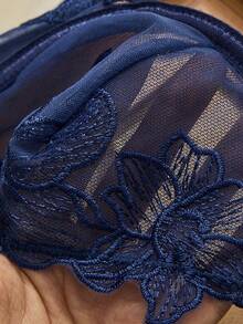 女士花卉刺绣图案水钻装饰吊带文胸和内裤性感日常内衣套装 - 寶藍色 - 查看 6