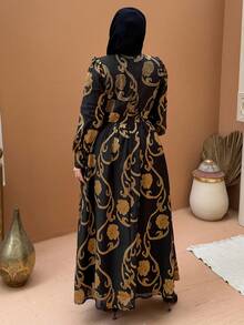 Dazy Plus 刺绣亮色花卉雪纺灯笼袖收腰派对连衣裙，大码，春夏长款连衣裙 - 黑色 - 查看 2