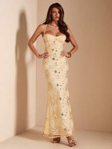 SHEIN BAE 杏色重工串珠刺绣露背系带美人鱼礼服，优雅长裙，适合宴会、派对、婚礼伴娘、生日、毕业典礼等场合。 - 杏色 - 查看 4