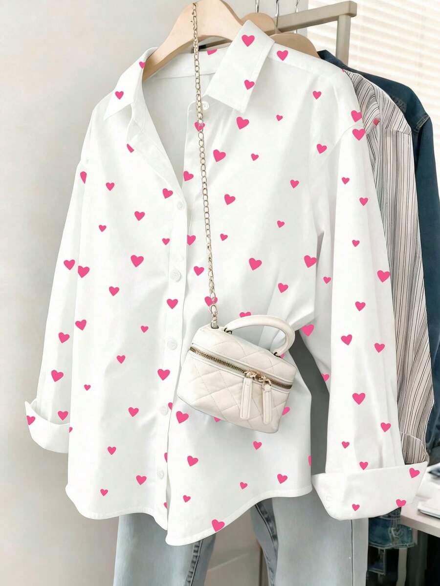 Resyla Heart Print Design Button Decor Women Blouse - Multicolor - View 1