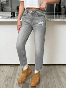EURMUSE HIGH RISE MOM CUT RIPPED WOMEN JEANS - Grey - View 7