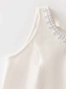 Franclia White Woven Fabric Sleeveless Long A Line Dress With Pearl Embellished Round Neck Wedding Day Party Pool Party Summer Romantic Elegant - White - View 6